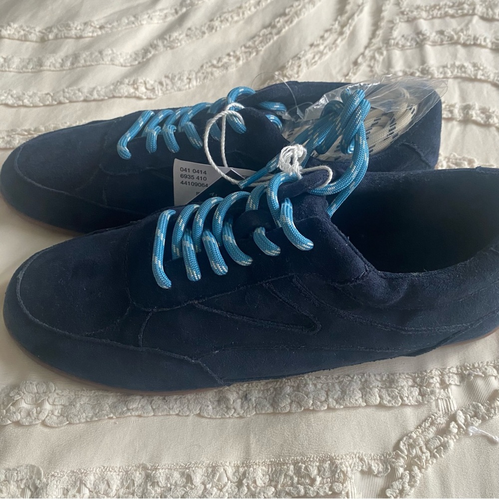 American Eagle Outfitters Navy Suede Sneaker with Aqua Laces - Picture 6 of 8
